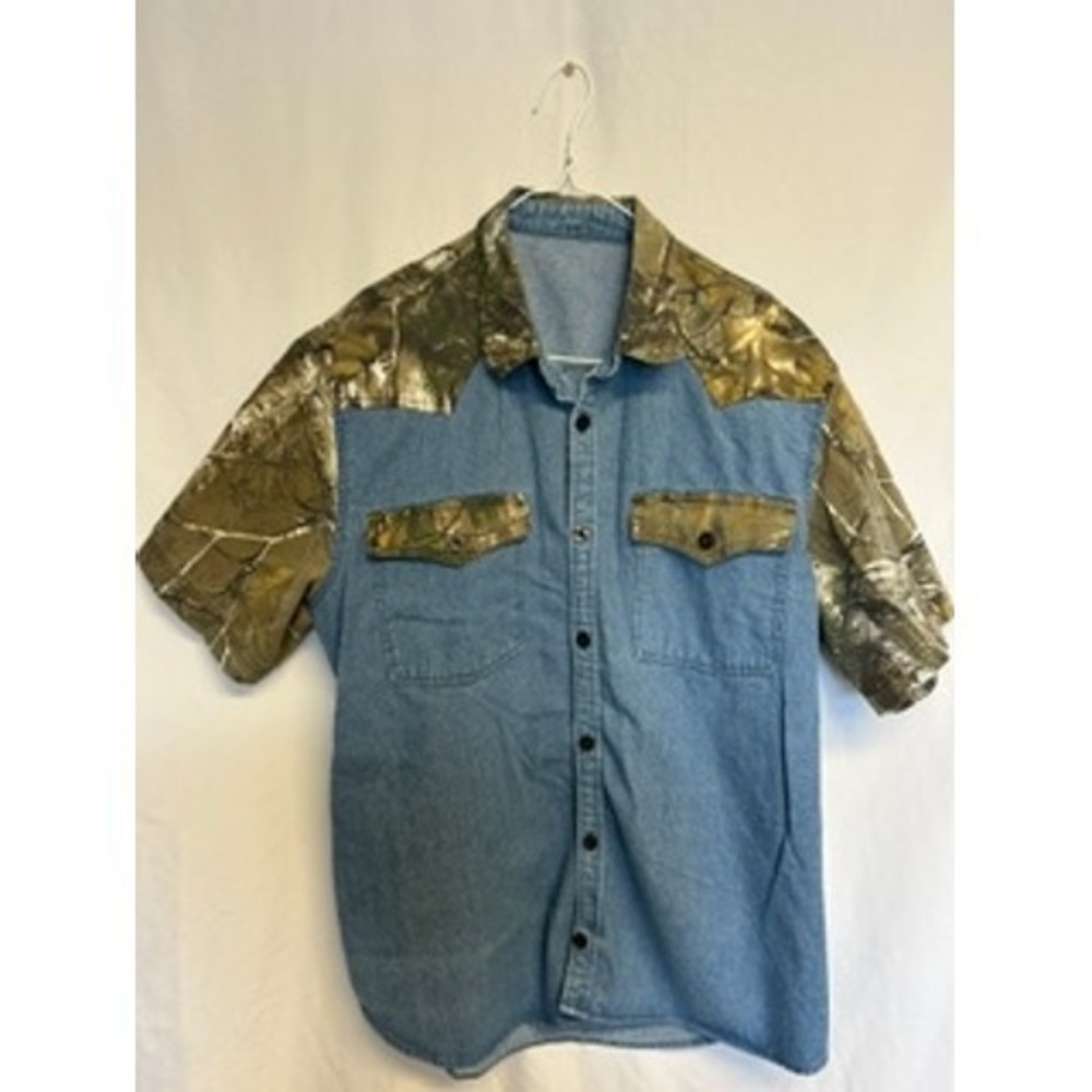 Realtree Camo Guide Gear Denim Mens Short Sleeve Button Up Medium Wash Large